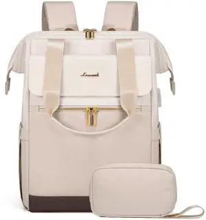 LOVEVOOK 17.3 Inch Laptop Backpack for Women, Large Capacity Travel Backpack with Organizer Bag, Waterproof Carry on Backpack Purse Work Bag with USB Port for Teacher Nurse, Beige-Nude