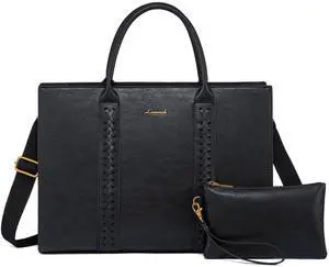 LOVEVOOK Laptop Bag for Women, Vintage Leather Work Bags, Professional Computer Bag Laptop Tote Bag, Business Handbag Office Briefcase Large Shoulder Bag, Black