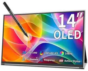 OLED Portable Monitor 14" 2K | 2560x1440 Portable Touchscreen Display|100% DCI-P3 | 10 Bits | AES Stylus Pen Support|Ultra-Slim| Kickstand| 1Ms OLED Gaming Monitor