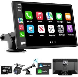 RLIERCI Portable Carplay Screen for Car, 9" Wireless Carplay Touchscreen with 4K Dash Cam, Android Auto Car Stereo, Car Audio Receivers with 1080p Backup Camera, GPS, Bluetooth, FM, Siri