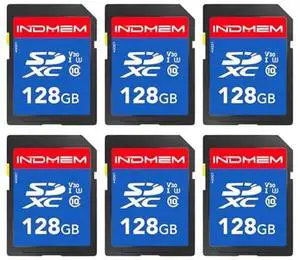 INDMEM SD Card 128GB 6-Pack, Class 10 128GB High Speed up to 90M/S Full HD Video Flash Memory Card MLC Standard Secure Digital Cards Camera Cards