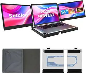 Setclod 14" FHD 1080P Laptop Monitor Extender, Triple Screen, Portable, Compatible with Mac, Windows, Chrome