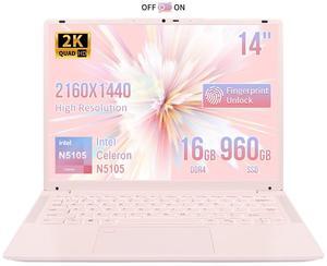 BINHENGLON 14.1 Inch Portable Laptop,Celeron N5105 Processor,16GB,(2160 x 1440) IPS,Fingerprint Unlock,Win 11,Backlit keyboard, Push-pull camera,Type-C,USB3.0*3,HDMI*1,WiFi /BT 5.0(Pink,16G+960GB SSD)