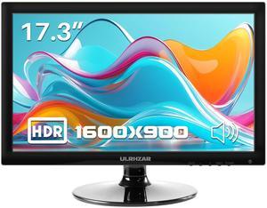 Ulrhzar 17.3inch PC Monitor 1600x900 LCD Screen Display 16:9, 60Hz, Built-in Speaker HDMI VGA, USB C Desktop Computer Monitor for Raspberry Pi Switch PS4/5 Laptop