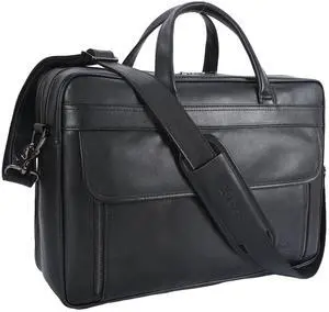 STAR VISTA Sforza Large 18" Laptop Messenger Bag, Calfskin Leather Briefcase for Men, Business Travel, YKK Metal Zippers, Fits 17.3" Laptop, Black