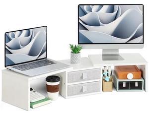 TEAMIX Dual Monitor Stand Riser with 2 Drawers - Length and Angle Adjustable White Monitor Stand with Storage Large Computer Riser for 2 Monitors/Laptop/PC, Wood Screen/TV Stand Desk Organizer