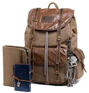 Vintage Canvas Leather Backpack for Men Women, Waterproof Rucksack Knapsack Hiking Travel Outdoor,Retro Leather 17" Laptop Casual Backpack, Brown