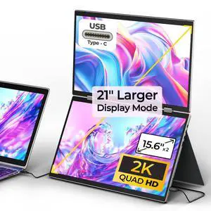 YUBWVO Portable Dual Monitors, 15.6 2K Dual Screen Monitor for Laptop(Win/Linux), Built-in Protective Cover/Stand, 360°Rotation and USB-C Triple Screen Laptop Monitor Extender, Plug & Play