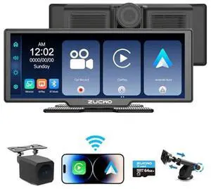 ZUCWO 10.26 Inch Wireless CarPlay Screen for Car CarPlay and Android Auto HD Touchscreen Car Stereo with Bluetooth, 4K UHD Dash Cam with 64GB SD Card