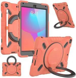 PEPKOO Triple Shockproof Case for iPad 5th/6th Generation 9.7 inch 2017 2018 and iPad Air 2 Gen, Heavy Duty Kid Boy Girl Cover with Pencil Holder/Handle Kickstand/Shoulder Strap, Coral Red