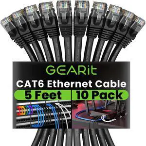 GearIT Cat 6 Ethernet Cable (10-Pack 5 Feet) Cat6 Network Patch, 10Gbps, RJ45, Snagless Cord, Gold-Plated Connectors, Internet for PC, TV, Tablet, Router, Printer, Servers, IT Data Center - Black