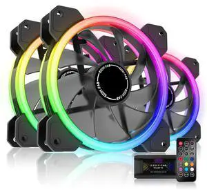 EZDIY-FAB RGB Dual Ring 120mm Case Fans,5V Motherboard Sync,Speed Adjustable,RGB Sync Fan with 10-Port Fan Hub X and Remote-3 Pack