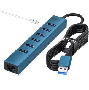 7 Ports USB 3.0 Hub, USB to Network HUB with 3.9ft Long Cable for Laptop, USB Splitter with Gigabit Ethernet Port and 5V/3A Power Port, MultiPort Aluminum Hub for iMac, PC, Flash Drives (Blue)