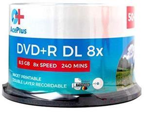 AcePlus 50-pk DVD+R Dual Layer White Inkjet Hub-Printable Discs with 8X Recording Speed and 8.5 GBS of Storage in Cakebox Spindle