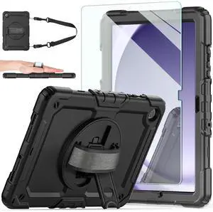 Ambison Case for Samsung Galaxy Tab A9+ 11'' 2023, [Kids Proof] Full Body Protective Case with 9H Tempered Glass Screen Protector, 360deg Rotatable Kickstand & Hand Strap (Black)