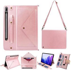 Tablet Carrying Shoulder Bag Case for Samsung Galaxy Tab S10+ Plus/ S9 FE+ Plus 5G/ S9+ 12.4", PU Leather Hand Strap Crossbody Shoulder Strap Cards Holder Pocket S Pen Holder Stand Case,Rosegold