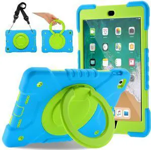 Andnary Case for iPad 6th/5th Generation 9.7 inch 2018/2017 Case, iPad Air 2/Pro 9.7 inch Heavy Duty Protective Cover with Pencil Holder, Shoulder Strap, 360 Rotate Handle Stand, Blue+Green