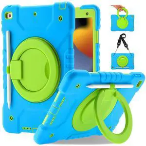 Andnary Case for iPad 9th/8th/7th Generation 10.2 inch, Heavy Shockproof Protective Cover with 360° Rotating Handle/Bracket/Pen Holder/Shoulder Strap, Case for iPad 2021/2020/2019, Blue+Green