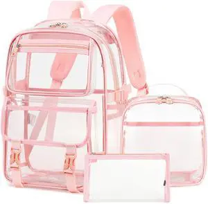 AO ALI VICTORY Large Clear Backpack for Women Men Girls School College Bookbag with Lunch Box Pencil Bag PVC Transparent Backpacks See Through Daypack for Sport Events Stadiums,Work,Travel,Pink Set