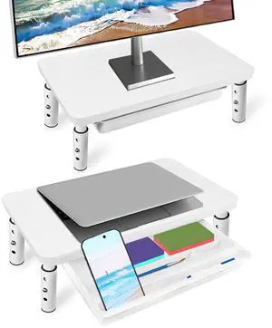 BEHEY Monitor Stand with Storage Drawer, 2 Pcs Wood Riser with Metal Bracket for Desk, Adjustable Desk Shelf for Top of Desk 3 Levels of Height & Angle, Computer Laptop Desktop Organizer White