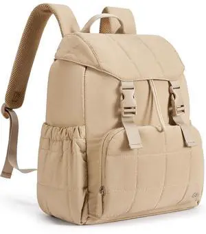 BOSTANTEN Puffer Backpack for Women, 15.6 Inch College Laptop Backpack with RFID Pocket, Water Resistant Casual Travel Daypack, Khaki