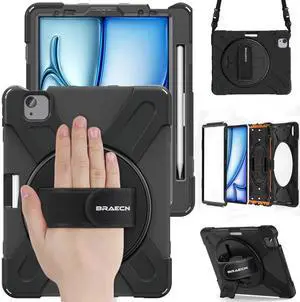 BRAECN for iPad Air 11 Inch M3 2025/M2 2024,iPad Air 5th/ 4th Gen 10.9 Inch Shockproof Durable Silicone Case with 360 Rotating Hand Strap&Kickstand for iPad Pro 11'' 4/3/2/1st Case-Black