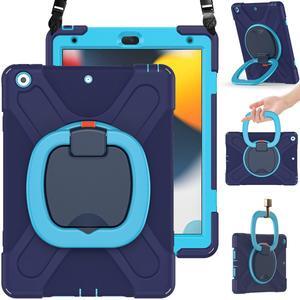 BRAECN for iPad Case 9th/8th/7th Generation,Rugged Kids Friendly Silicon Case with Folding Stand/Handle Grip Pencil Holder Shoulder Strap Screen Protector Pencil Cap Holder for iPad 10.2"-Navy Blue