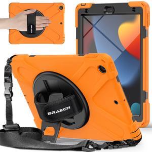 BRAECNstock for Apple iPad 9th/ 8th/ 7th Generation Case 10.2" 2021/2020/2019 Shockproof Protective iPad 10.2 inch Kids Case with Screen Protector, Rotating Stand+Hand Strap, Shoulder Strap, Orange