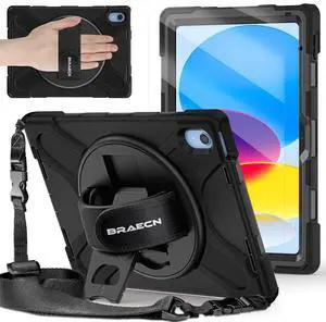 BRAECNstock for Apple iPad (A16) 11th/10th Generation Case 11"/10.9" 2025/2022, Shockproof Protective Case with Screen Protector, Pencil Holder, 360° Rotating Stand & Hand Strap, Shoulder Strap, Black