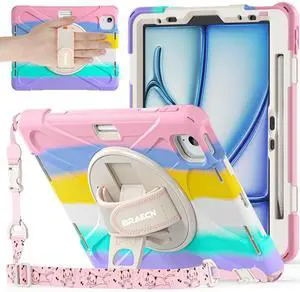 BRAECNstock Kids Case for Apple iPad Air 11 inch (M3/M2)/ Air 5th/4th Gen 10.9"/ Pro 11 inch 4th/3rd/2nd/1st Gen, Shockproof Protective with Pencil Holder, Rotating Hand Strap+Stand, Colorful Pink