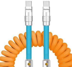chubbycable Curly Chubby - 240W Coiled USB C Cable Spring Retractable Fast Charging Cable for Car Compatible with CarPlay, Android Auto, Red+Dark Blue, Type-C to Type-C, 2.29FT-3.6FT