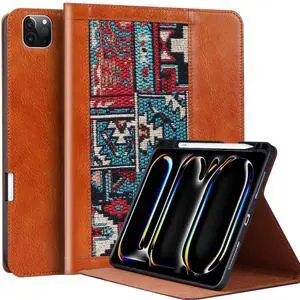 CPNVWA Case for iPad Pro 11 Inch M4 2024 &Pencil Holder,Protective Shockproof Smart Folio Durable Genuine Leather iPad Cover,Adjustable Stand - Auto Wake/Sleep and Multiple View Angles,Bohemian Brown