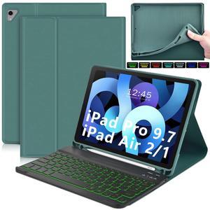 DETUOSI for iPad Air 2 Keyboard Case, for iPad 9.7" 2017/2018 Keyboard Case with Apple Pencil Holder, Detachable Wireless 7-Colors Backlit Keyboard + PU Leather Cover for iPad Pro 9.7", for iPad Air 1