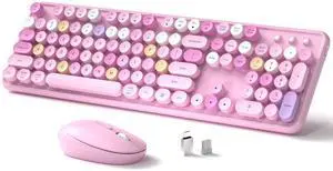 Links9+ Wireless Keyboard and Mouse, Full-Size Retro Typewriter Keyboard with Round Keycaps, 2.4GHz for Windows, Mac, Laptop, PC, Desktop (Pink Colorful)