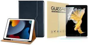DTTO for iPad 9th/8th/7th Generation 10.2 Inch Case 2021/2020/2019, Premium Leather Business Folio Stand Cover with 1 Pack HD Clear Tempered Glass Screen Protector, Blue
