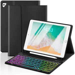 EAMPANG Case with Keyboard for iPad 6th/5th Generation Air 1 2 Pro 9.7inch,7 Color Rainbow Backlight Detachable USB-C Keyboard Magnetic Case with Pen Slot for iPad 2018 2017 Black