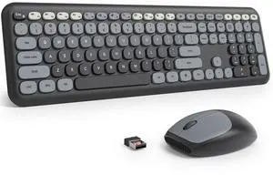 Fogruaden Quiet Black Wireless Keyboard and Mouse, 2.4GHz Retro Cute Typewriter-Style Full-Size Colorful Keyboard and Mouse Combo, Slim Design, Low-Noise Typing for Home, Office, Windows PC, Laptop