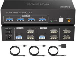 FQuanmap HDMI KVM Switch 2 Monitors 2 Computers 4K60Hz Dual Monitor KVM Switches for Dual PC or Laptops Share 1 Set of Keyboard Mouse Printer Wired Controller and 12V 1A DC Adapter Included