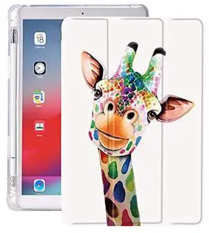 Idocolors Giraffe Pad Case Cartoon White Cases for ipad 7th/8th/9th Generation (iPad 10.2 Inch Case 2019/2020/ 2021) Shockproof with Pencil Holder Lightweight Smart Trifold Stand Case Soft TPU Cover