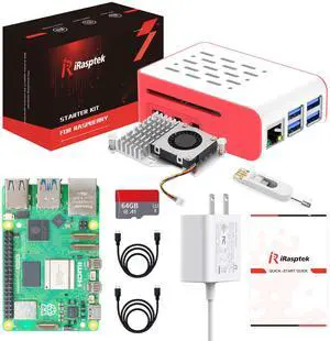 iRasptek Starter Kit for Raspberry Pi 5 RAM 16GB -Pre-Loaded with 64GB Edition Raspberry Pi OS Red&White Case
