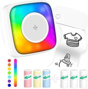 Mini Printer Sticker Printer Print Pod with 6 Rolls Sticker Paper, Seven Color Lighting Modes for DIY Scrapbook, Travel, Notes, Label, Memo, Compatible with iOS&Android
