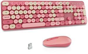 Wireless Keyboard and Mouse Combo, Round Keycaps, Retro Typewriter Keyboard Silent, Auto Sleep, 2.4G Wireless Connection for PC/Windows/Mac (Pink)