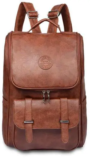 LOTCAIN Vintage Faux Leather Backpack, Slim Laptop Backpack Travel Waterproof Pack Weekend Daypack Bag for Men Women,Brown