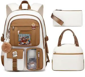 Laptop Backpacks 16 Inch School Bag College Backpack 3 PCS with Lunch Box Pencil Pouch Set Large Travel Daypack Kawaii Bookbags for Teens Girls Women Students (Beige Khaki)