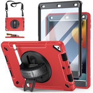 Case for iPad 9th/8th/7th Generation 2021/2020/2018: Military Grade TPU Cover for iPad 10.2 Inch with Screen Protector - Stand - Handle - Shoulder Strap- Pencil Holder - Red