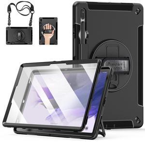 Case for Galaxy Tab S7 FE/S7 Plus/S8 Plus 12.4 INCH: TPU Protective Cover for Samsung Tablet S7 FE/S7 Plus/S8 Plus 12.4 with Screen Protector-Stand- Handle + Shoulder Strap-S-Pen Holder- Black