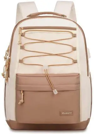 MOMUVO Classic Backpack for Women, Lightweight High School Bookbag for Teens Girls, Waterproof 17.3 Inch Laptop Bag with USB Charging Port for College Work Travel Trip, Beige Khaki