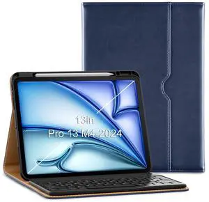 VIKESI Keyboard Case for iPad Pro 13-inch M4 Released in 2024, Premium Leather Smart Cover, Built-in Breathing Light, Function Row, Pencil Holder, Card Slots - Navy Blue