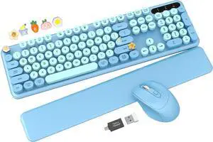 Wireless Keyboard and Mouse Combo - Cute Typewriter Keyboard with Detachable Wrist Rest, Retro Round Keycaps, Foldable Legs, 2.4GHz Full-Size for PC, Laptop, Windows - Trueque (Glacier Blue)