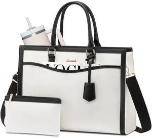 LOVEVOOK Laptop Tote Bag for Women, 15.6 inch Lightweight Canvas Office Work Bag Briefcase, Large Capacity Teacher Computer Bag Handbag for Travel Business,2pcs Set Canvas/White-Black
